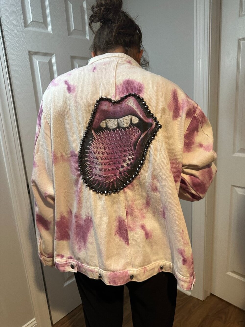 Purple and White Tie Die Upcycled Rolling Stones Studded Jean Jacket